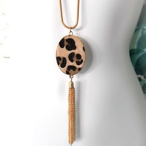 New Oval Faux Fur Leopard Print Long Tassel Necklace